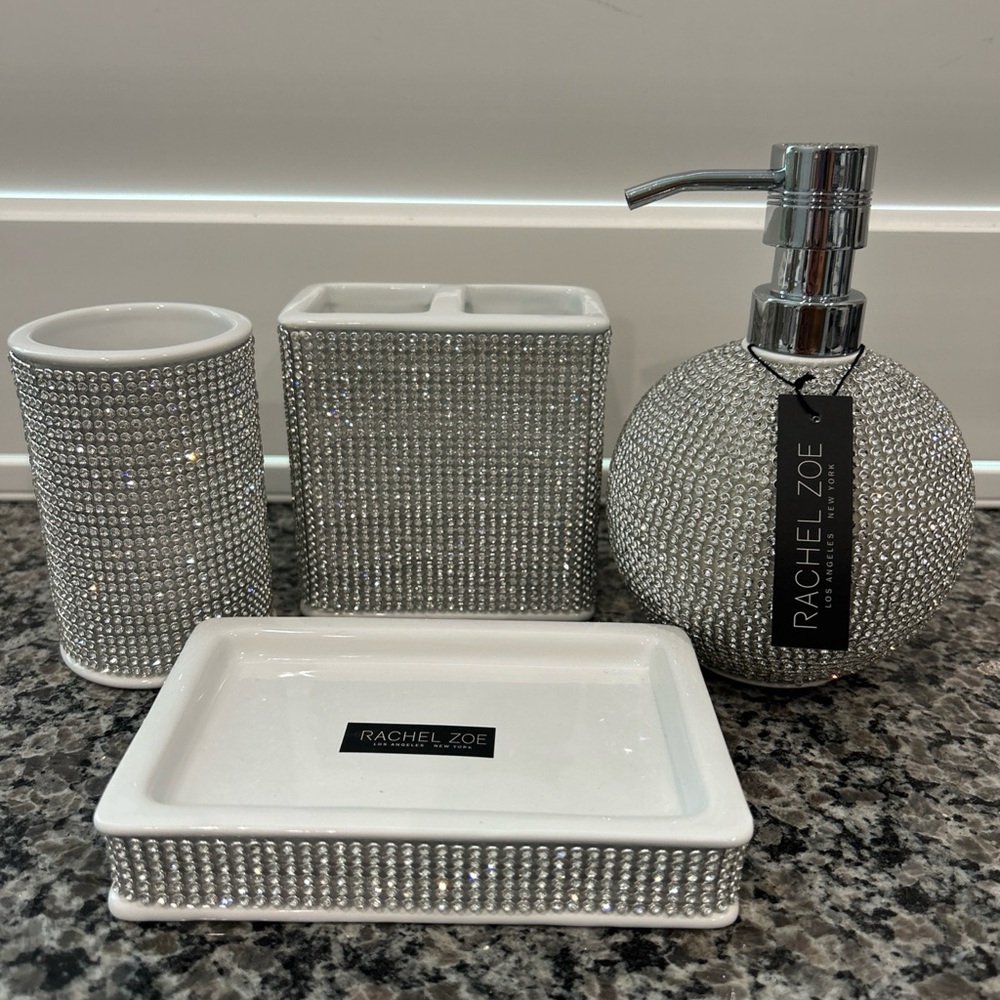 Rachel Zoe Rhinestone 4 Piece Bathroom Vanity Set Soap Lotion Tumbler Toothbrush